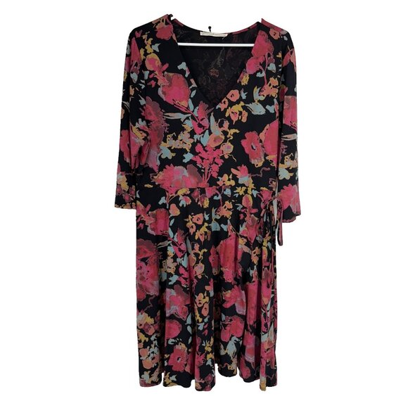 Peruvian Connection Women XL Faux Wrap Dress Floral V Neck Pink Black Stretch - Picture 1 of 9